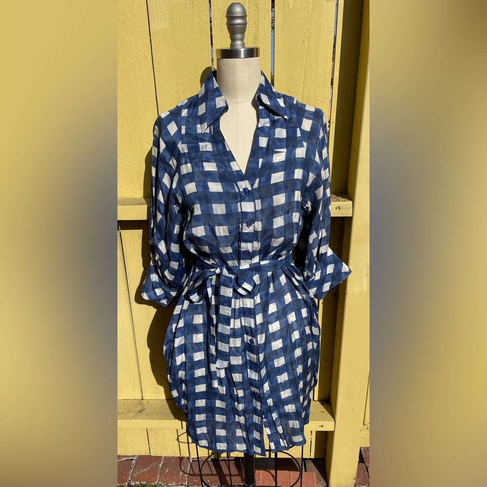 Blue gingham print shirt dress size M